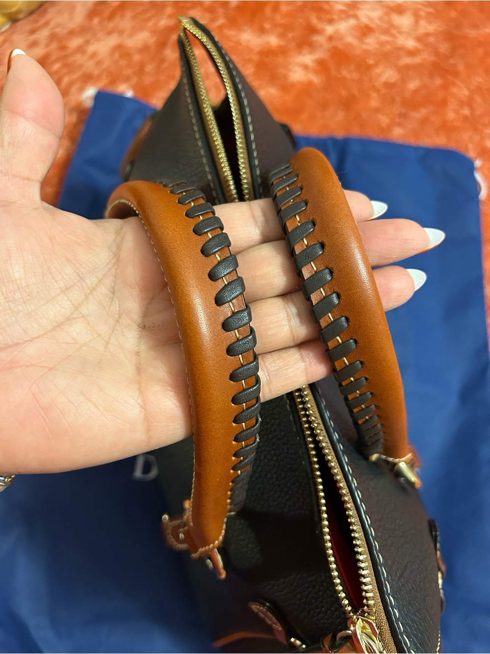 Dooney & Bourke Black Pebbled Leather Satchel with Brown Trim and Gold Hardware - Picture 5 of 16